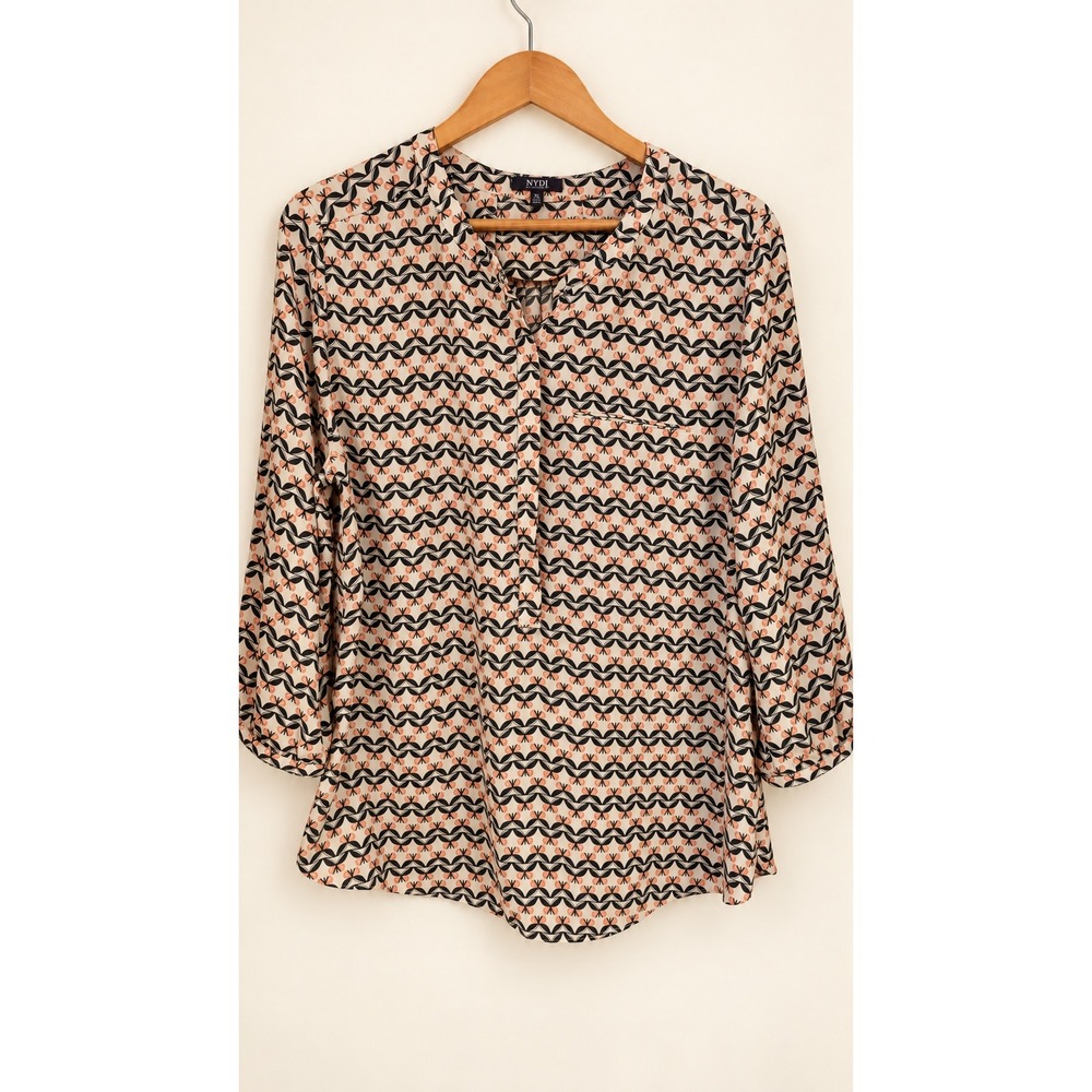 NYDJ Blouse XL Cream Peach Black Butterfly Print Split Neck 3/4 Sleeve